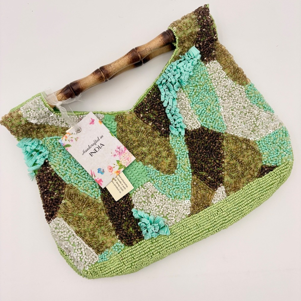 Handcrafted in India Beaded Sequin Bamboo Handle Bag Green Brown Geometric NEW